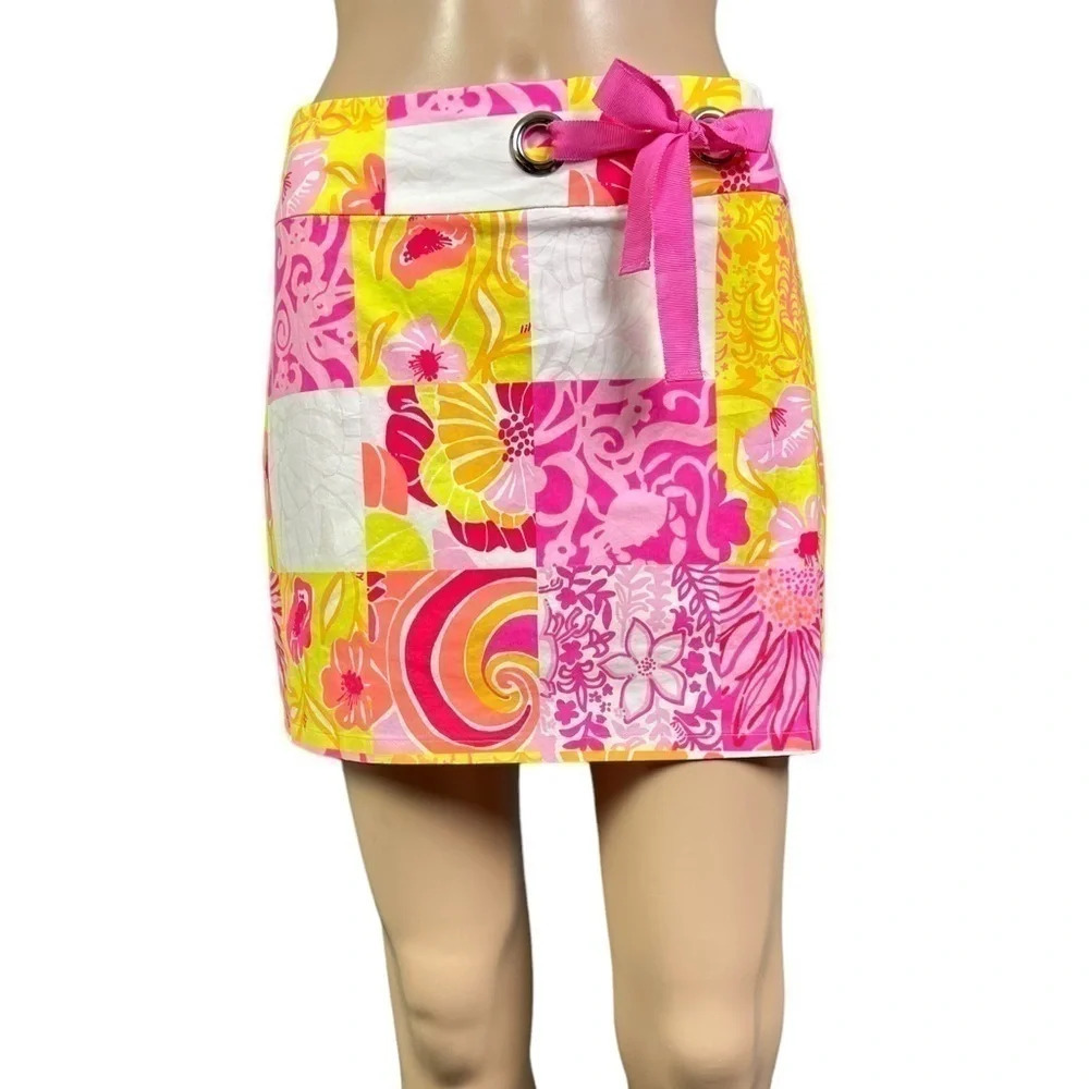 LILLY Pulitzer Mini Skirt Skort Womens Multi Patch Floral Pink Orange Yellow 2